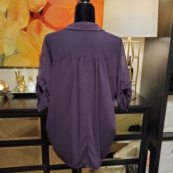 EUC Express Purple Button-Up Shirt With Sheer Sleeves Size L - Picture 5 of 9